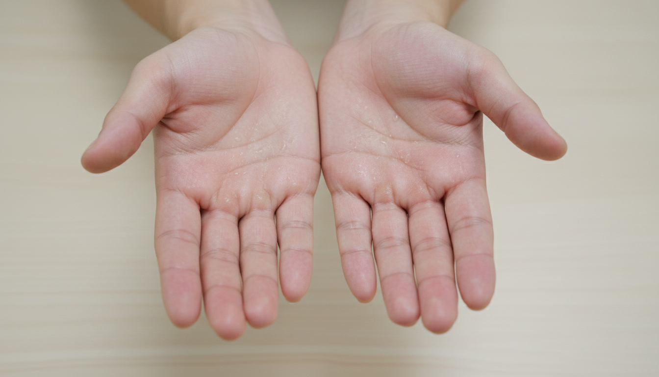 Close-up of Asian hands with visible sweat droplets on the palms, illustrating palmar hyperhidrosis