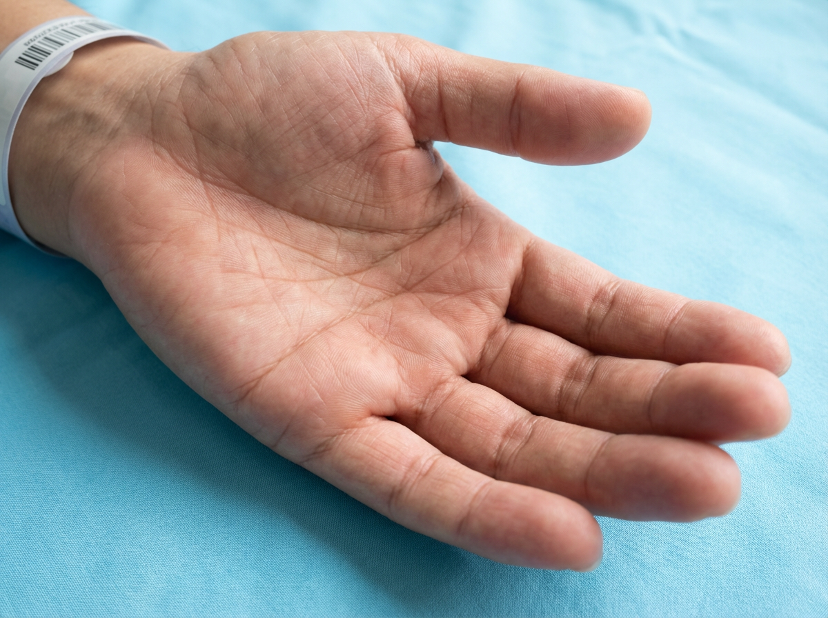 Close-up of Asian palm checking for moles.