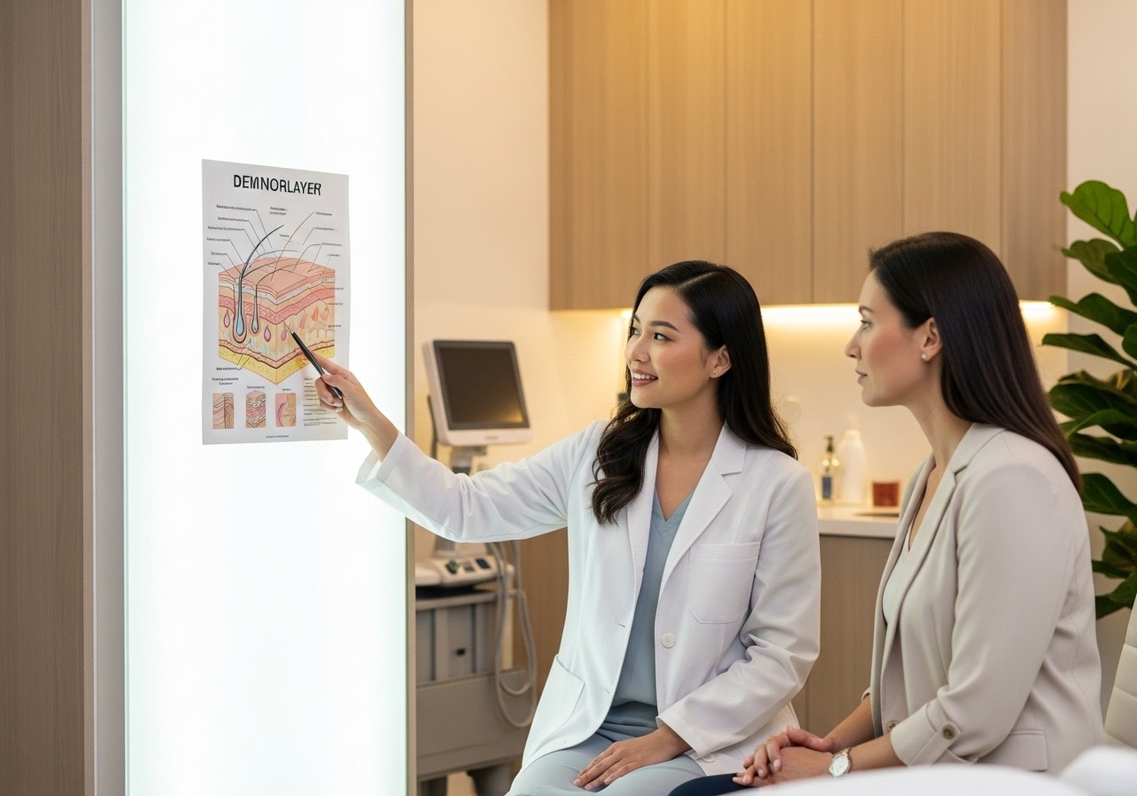 A dermatologist explaining a skin condition to a patient using a visual aid in a clinic.