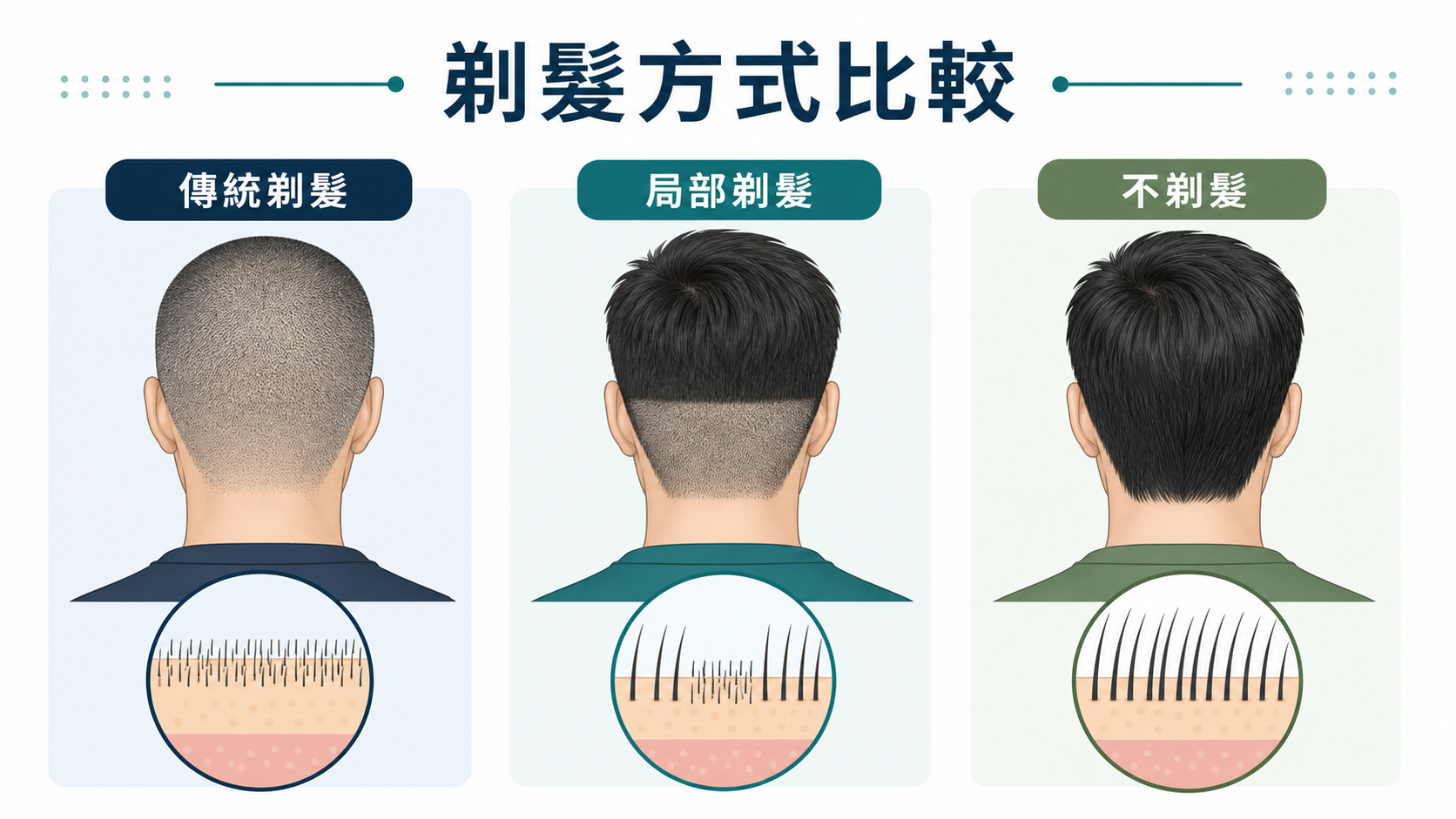 傳統剃髮局部剃髮與不剃髮植髮方式比較