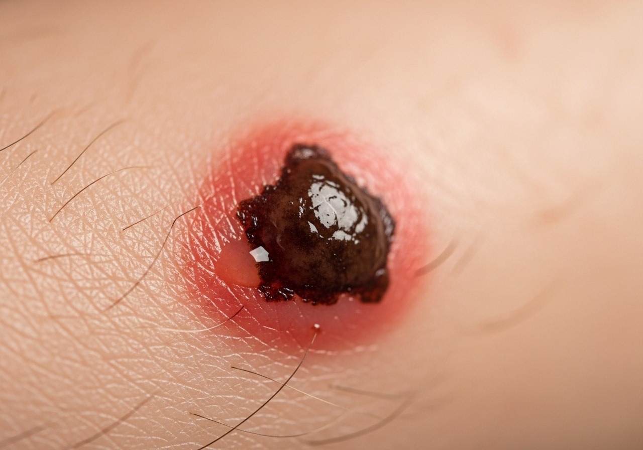 A close-up of an irritated mole with surrounding redness, indicating a need for medical attention. A close-up of an irritated mole with surrounding redness, indicating a need for medical attention.