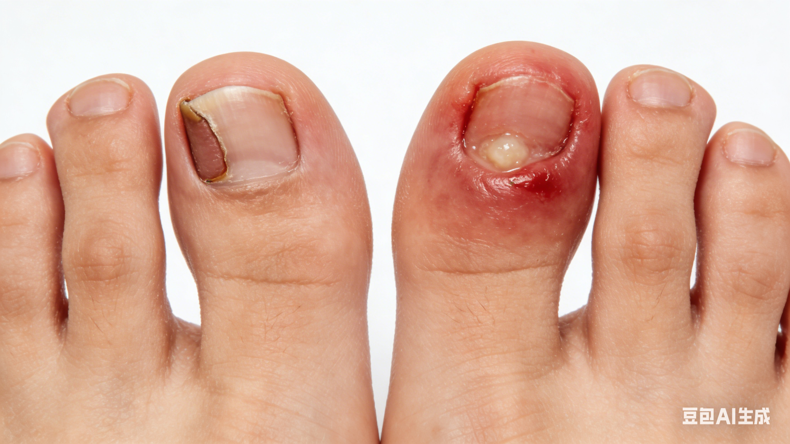 Two feet side by side: left foot with ingrown nail (nail corner embedded), right foot with paronychia (red swollen nail fold with pus), clean background. Two feet side by side: left foot with ingrown nail (nail corner embedded), right foot with paronychia (red swollen nail fold with pus), clean background.
