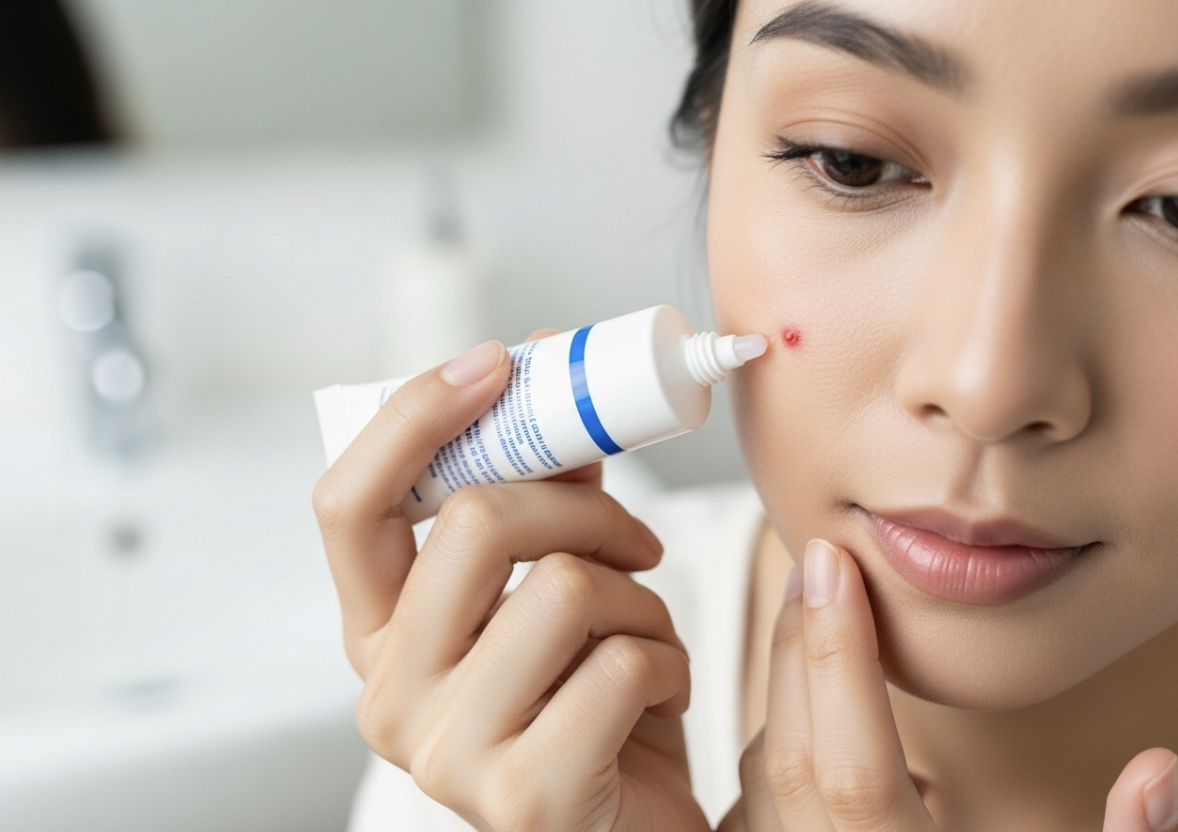 A young Asian woman applying an acne spot treatment gel to her face.