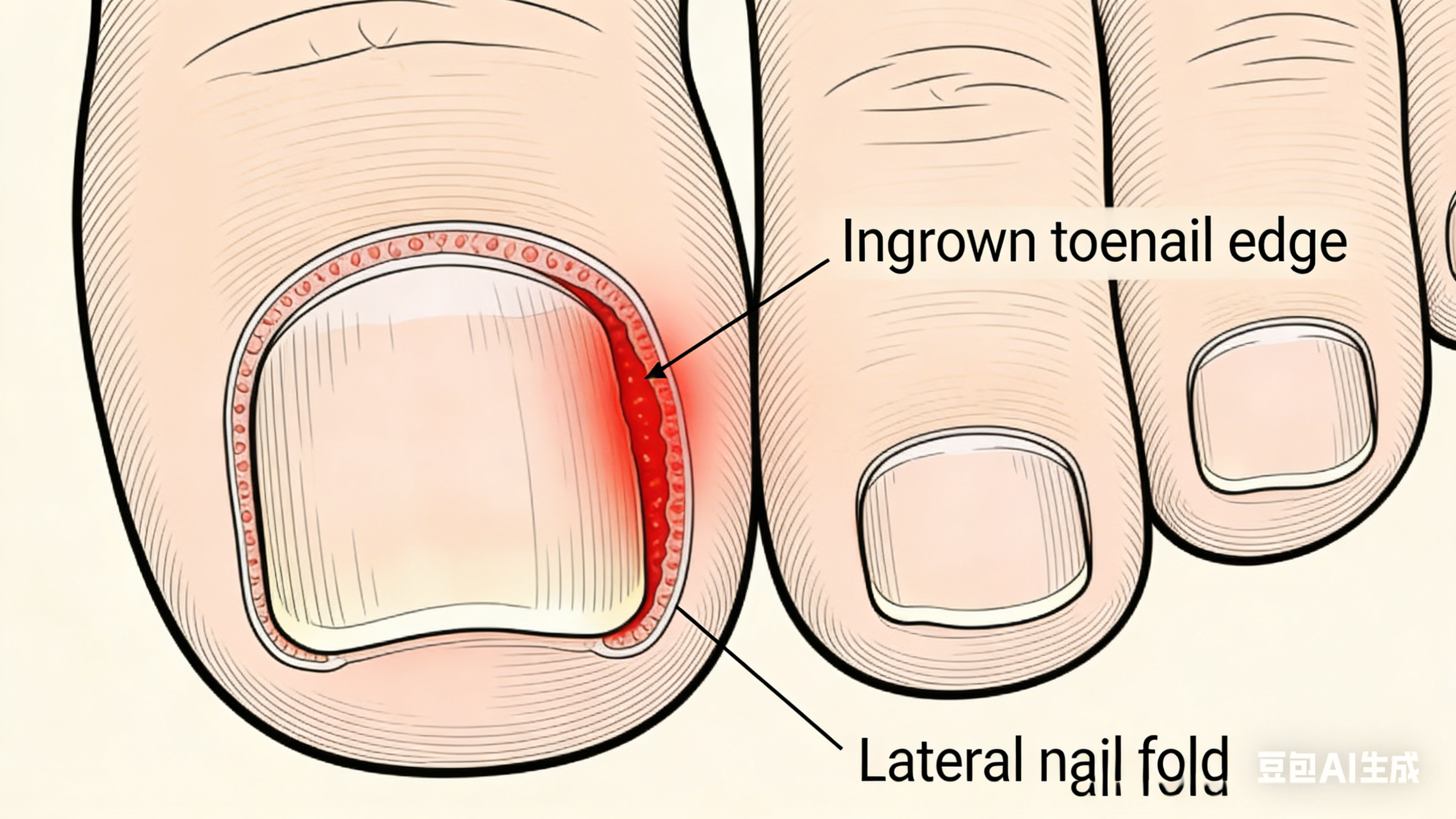 Diagram showing the ingrown toenail edge piercing the lateral nail fold, with inflammation indicated in red.