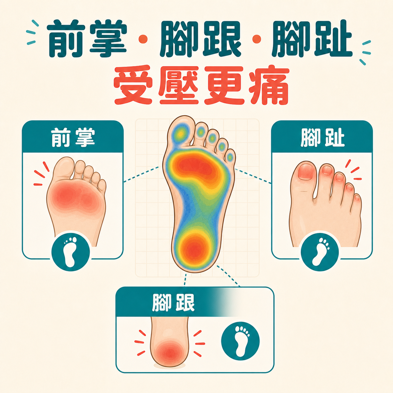 足底疣位於前掌腳跟和腳趾受壓區時更容易行路痛
