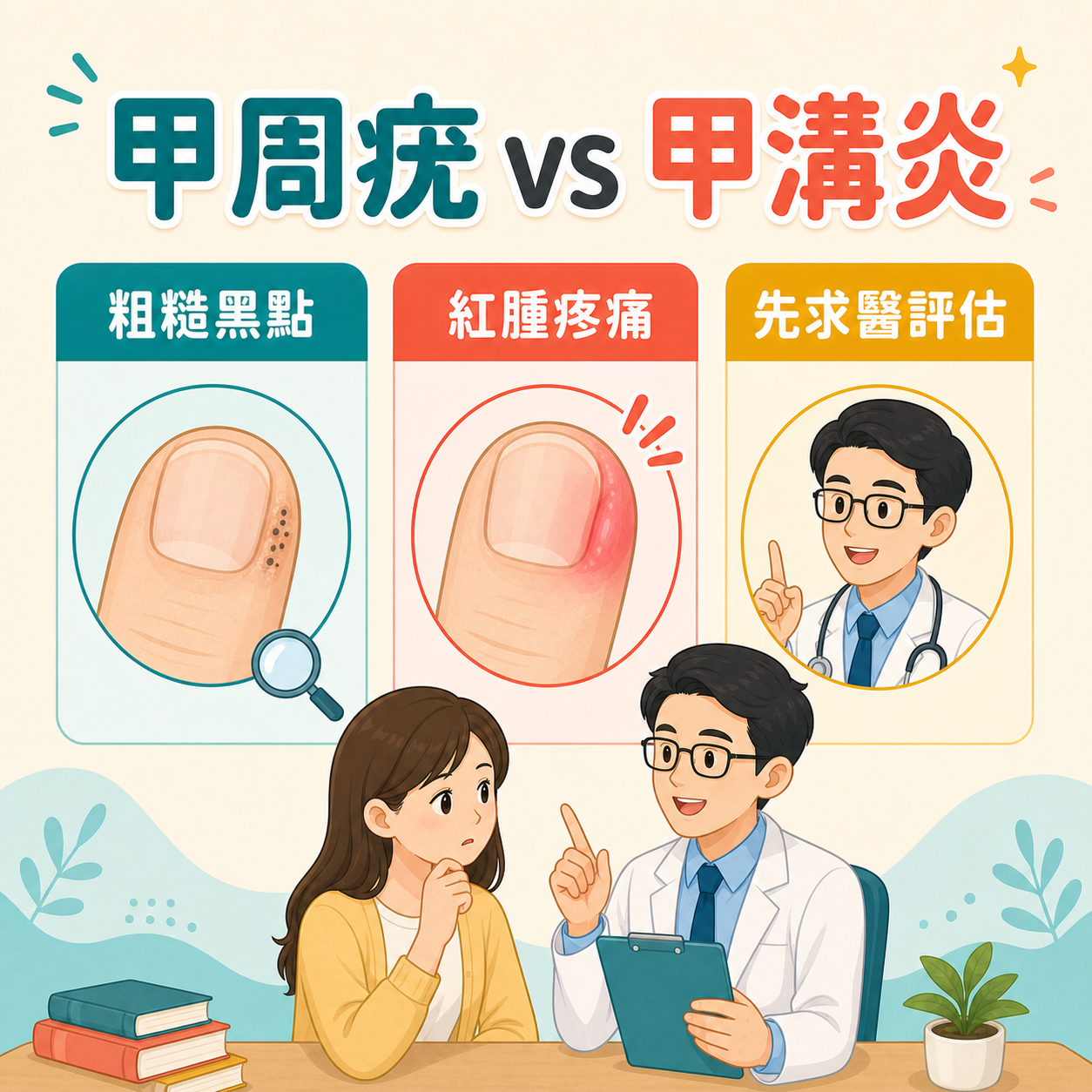 甲周疣與甲溝炎的外觀及症狀比較