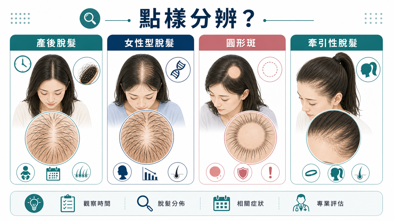 產後脫髮女性型脫髮圓形斑與牽引性脫髮分辨
