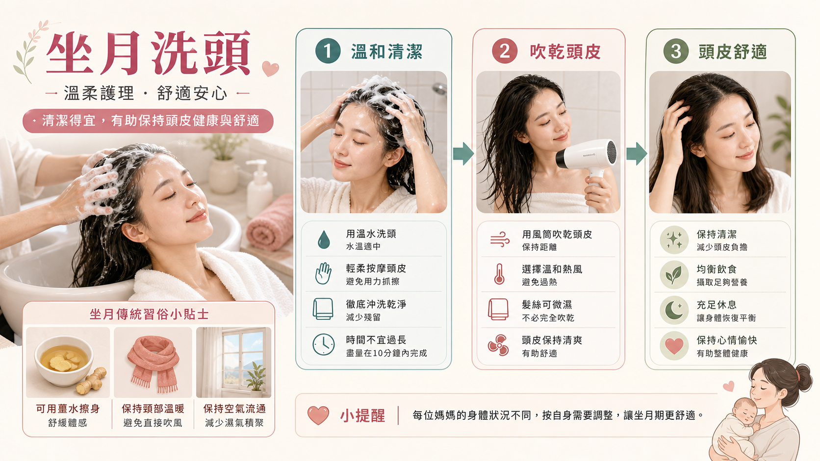 坐月洗頭溫和清潔吹乾頭皮和頭皮舒適