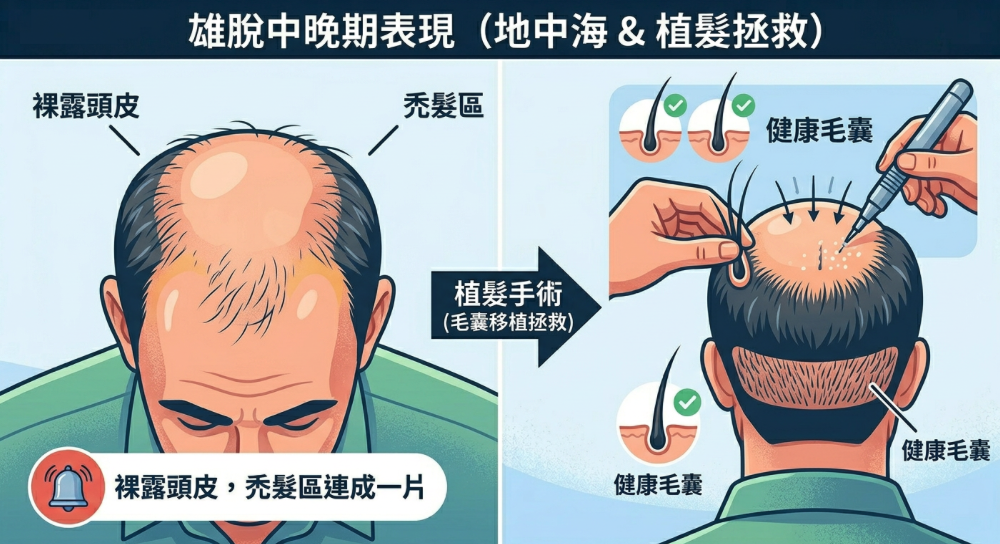  視覺化中晚期嚴重脫髮（頭皮裸露、連成一片）及「植髮拯救」的概念視覺（毛囊移植）