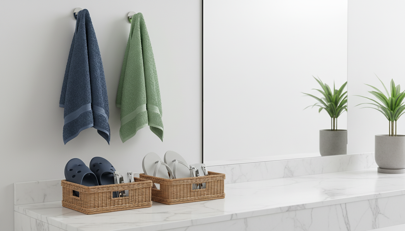 Organized bathroom with separate towels and personal care kits, demonstrating household prevention measures against fungal infection
