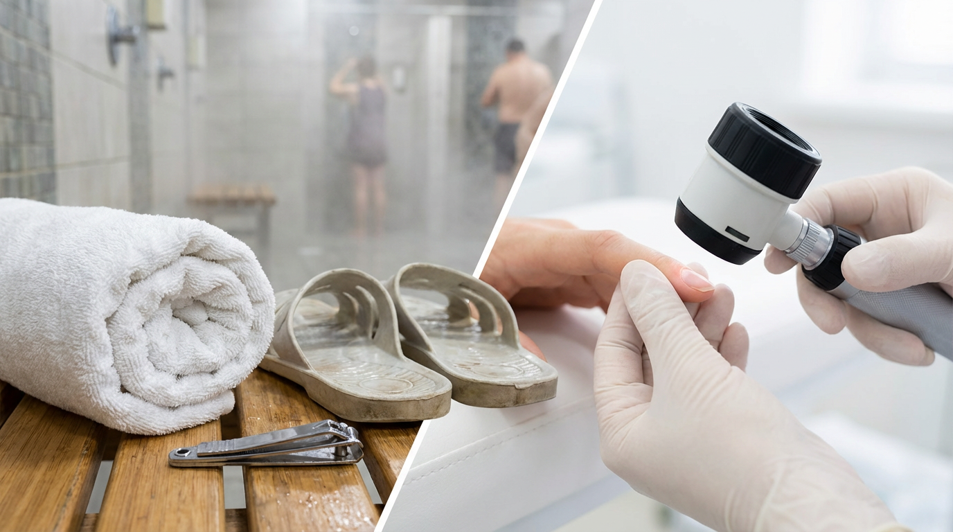 Shared bathroom items like towels and sandals, illustrating potential fungal infection transmission routes