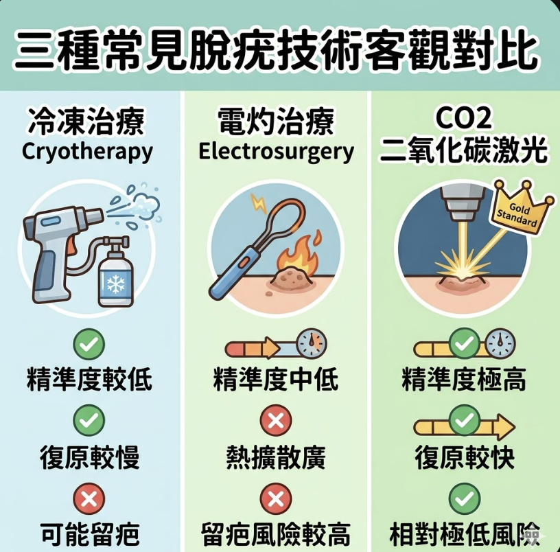一張比較三種脫疣技術的正方形卡通資訊圖，帶有中文文字。標題為：「三種常見脫疣技術客觀對比 (Wart Removal Tech Comparison)」。分為三個垂直列：1. 「冷凍治療 (Cryotherapy)」（液氮噴槍圖示，標記為精準度較低、復原較慢、可能留疤）；2. 「電灼治療 (Electrosurgery)」（電灼環圖示，標記為精準度中低、熱擴散廣、留疤風險較高）；3. 「CO2 二氧化碳激光 (CO2 Laser)」（帶有「黃金標準」皇冠圖示的精確激光束，標記為精準度極高、復原較快、相對極低風險並帶有勾號）。