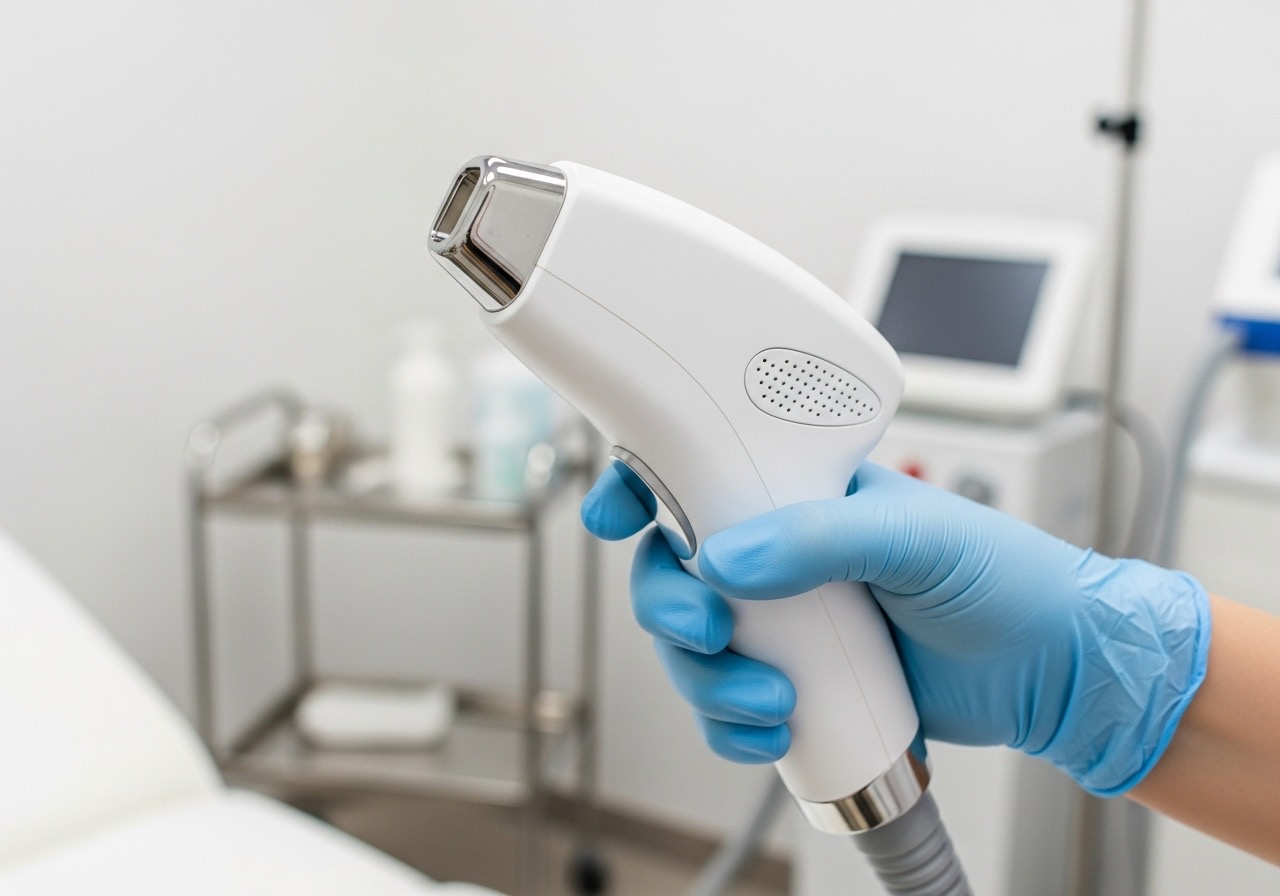 A close-up of a cosmetic laser device used for skin treatments like syringoma removal A close-up of a cosmetic laser device used for skin treatments like syringoma removal