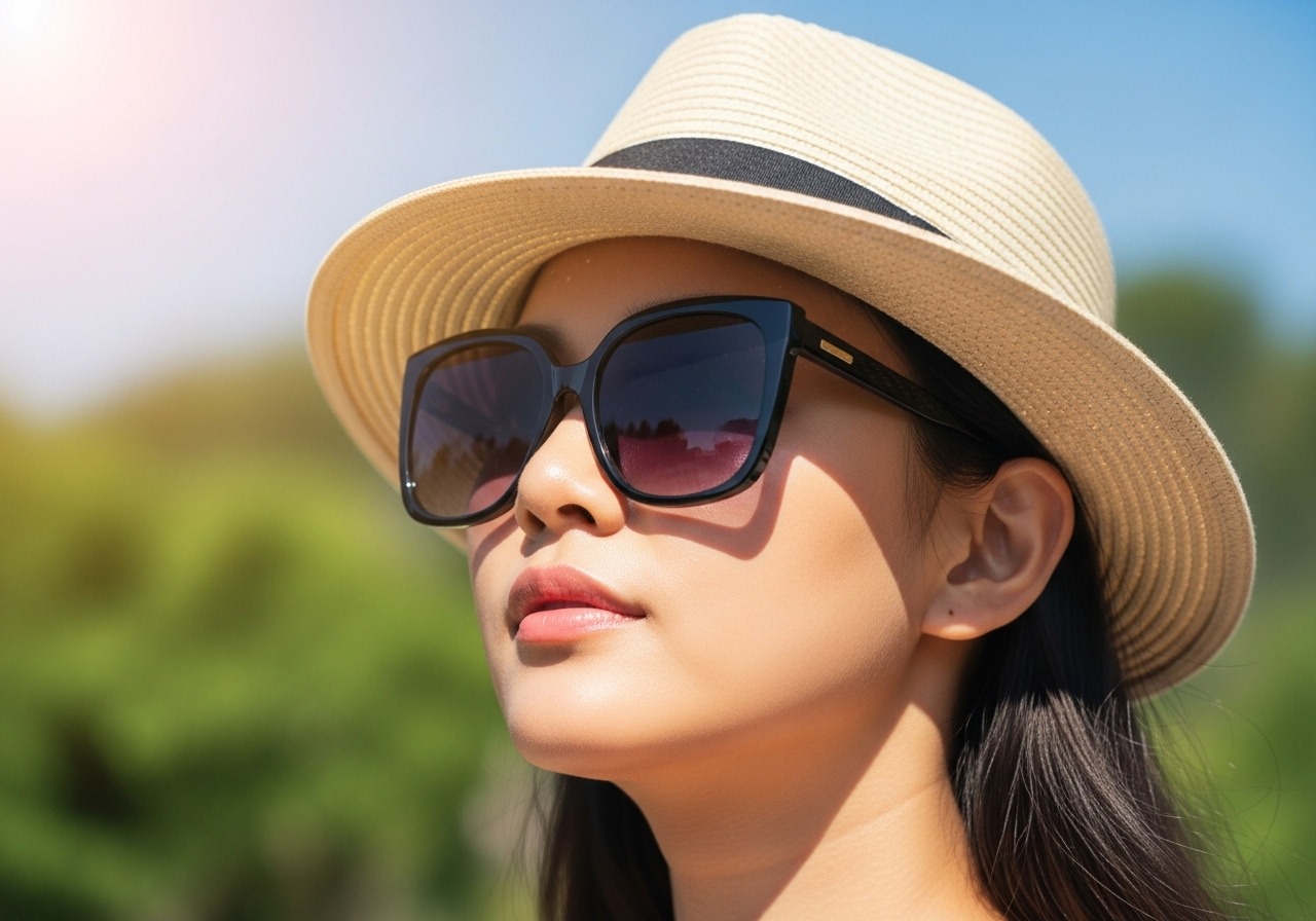 A woman protecting her skin from the sun with sunglasses and a hat after her treatment.