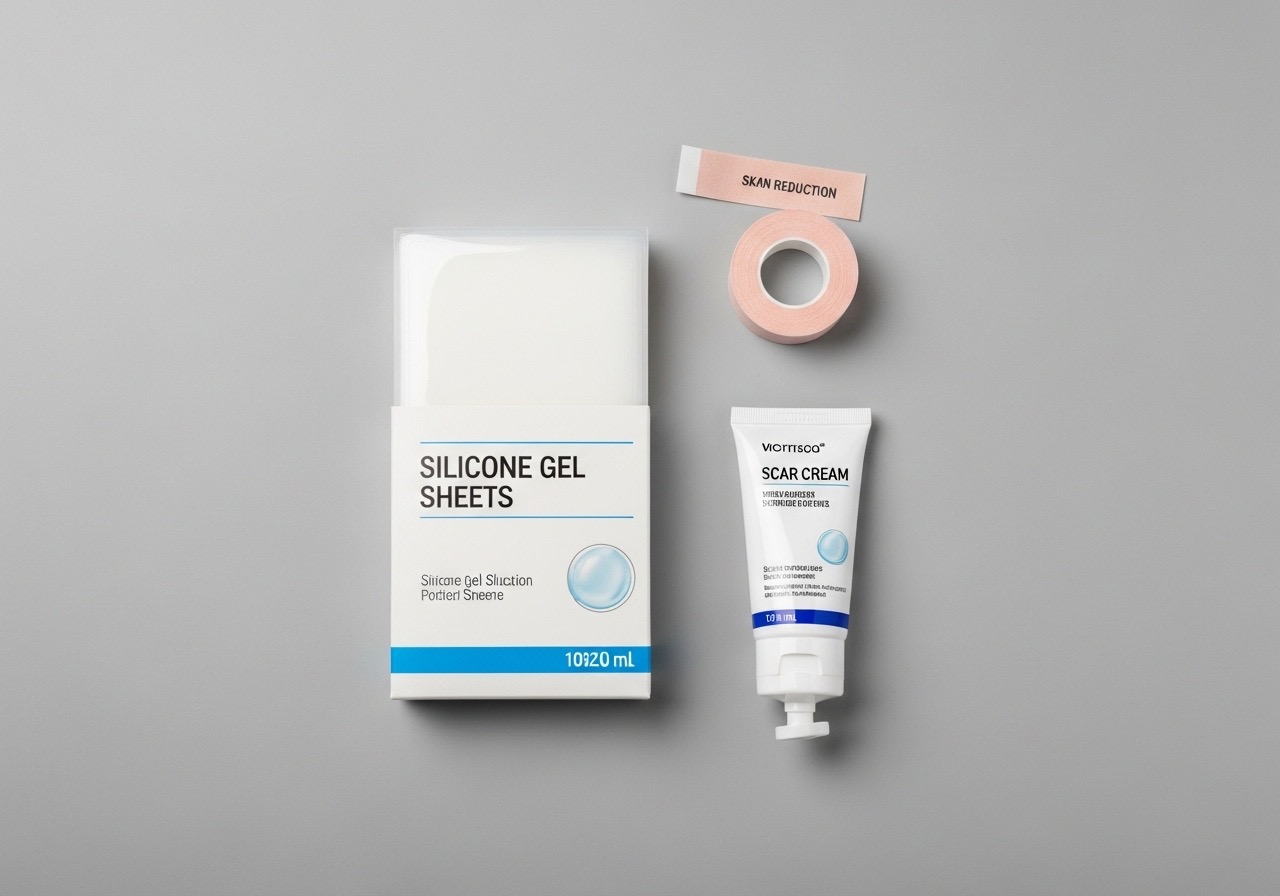 An arrangement of various scar care products, including silicone sheets and reduction tape