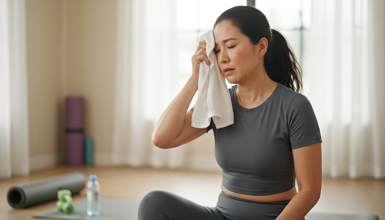 Asian woman wiping sweat from her forehead, representing hormonal fluctuations like menopause causing sweating Asian woman wiping sweat from her forehead, representing hormonal fluctuations like menopause causing sweating