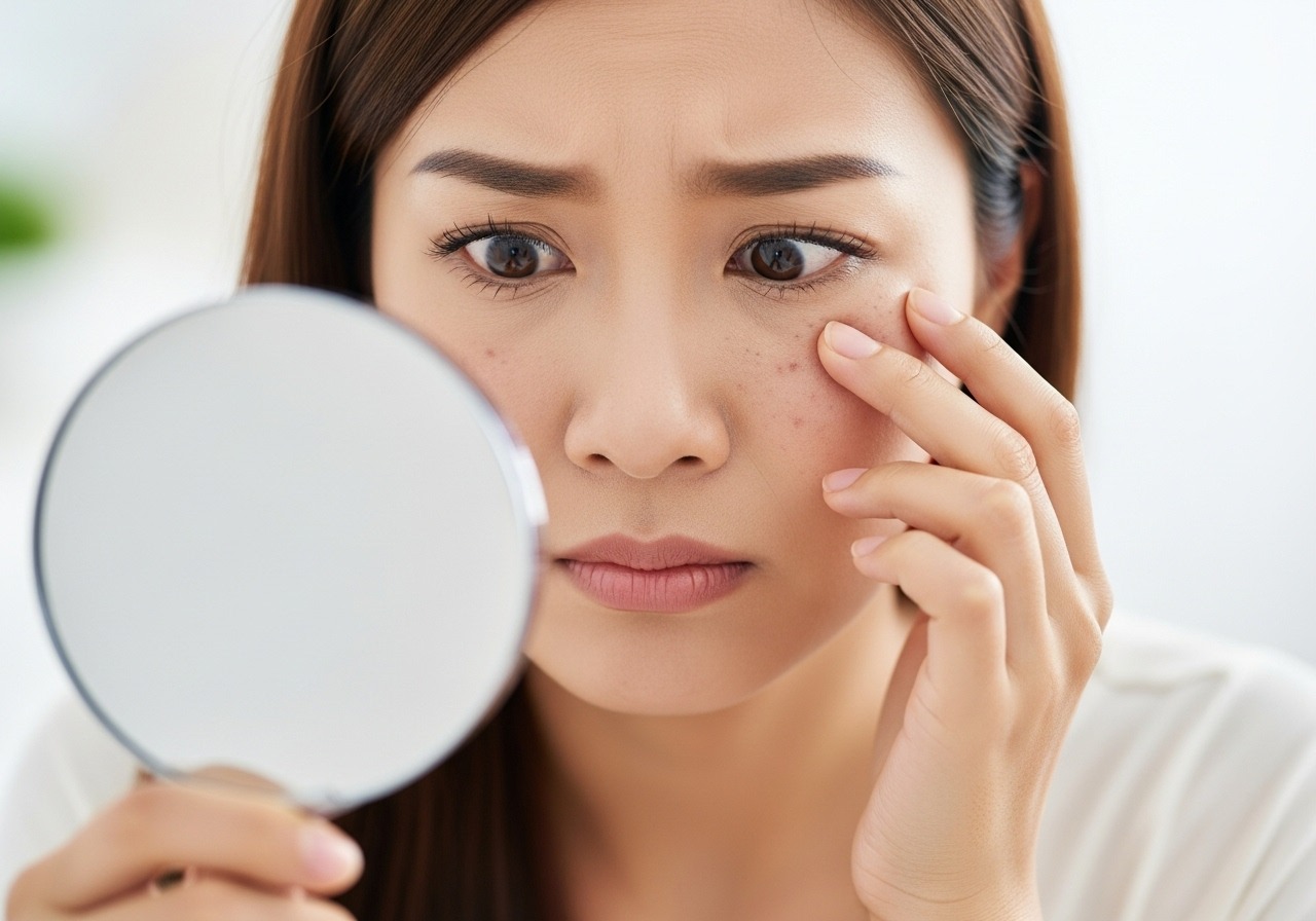 A frustrated woman examining the annoying bumps under her eyes in a magnifying mirror.