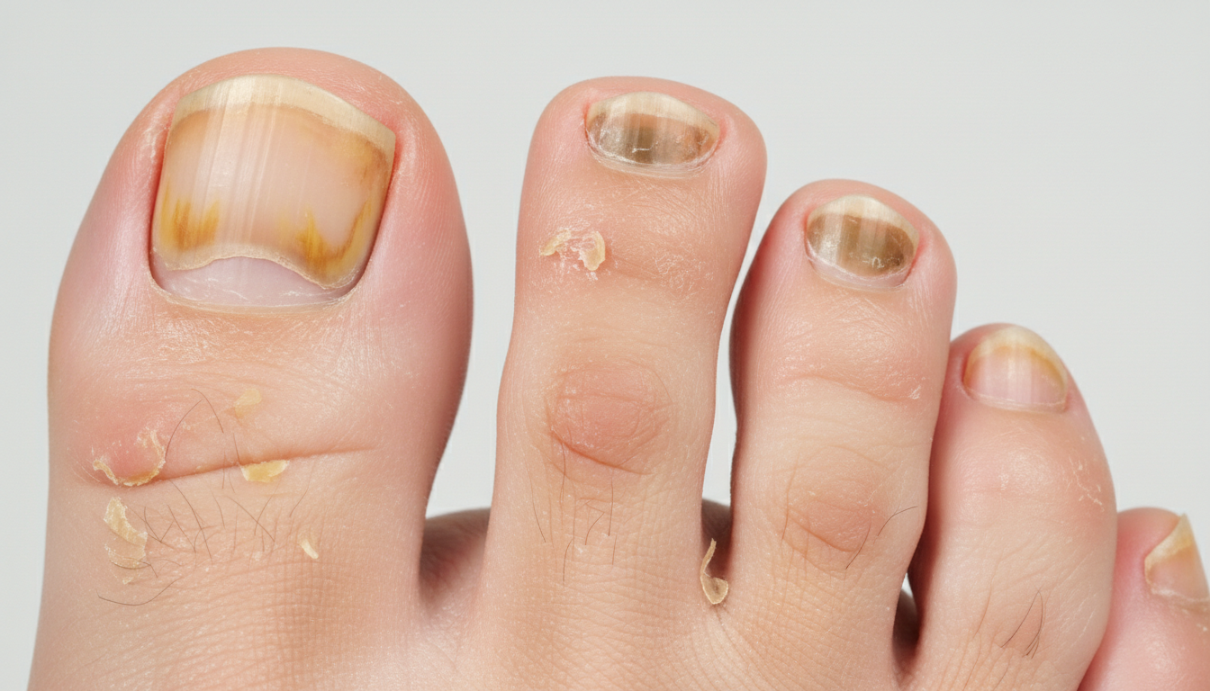 Close-up view of Asian toenails showing multiple symptoms of fungal infection like discoloration and thickening