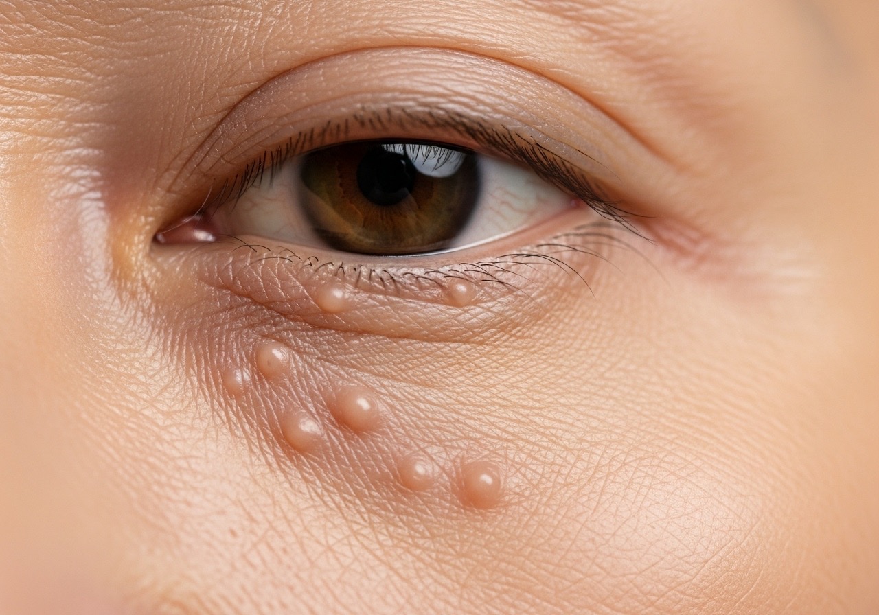 A close-up view of an Asian woman's under-eye area showing the texture of syringoma bumps. A close-up view of an Asian woman's under-eye area showing the texture of syringoma bumps.