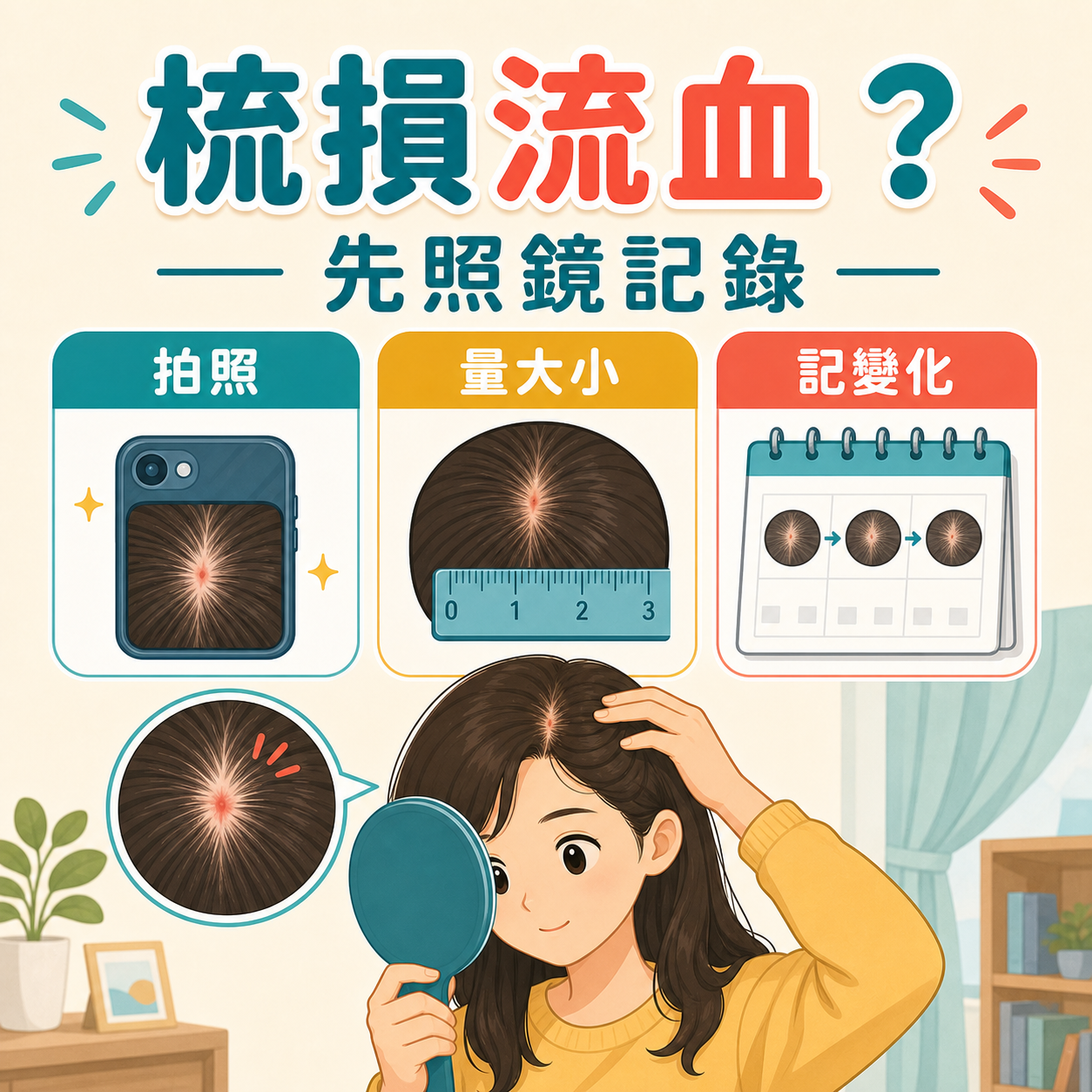 頭皮病灶梳損流血後應照鏡記錄和避免刺激