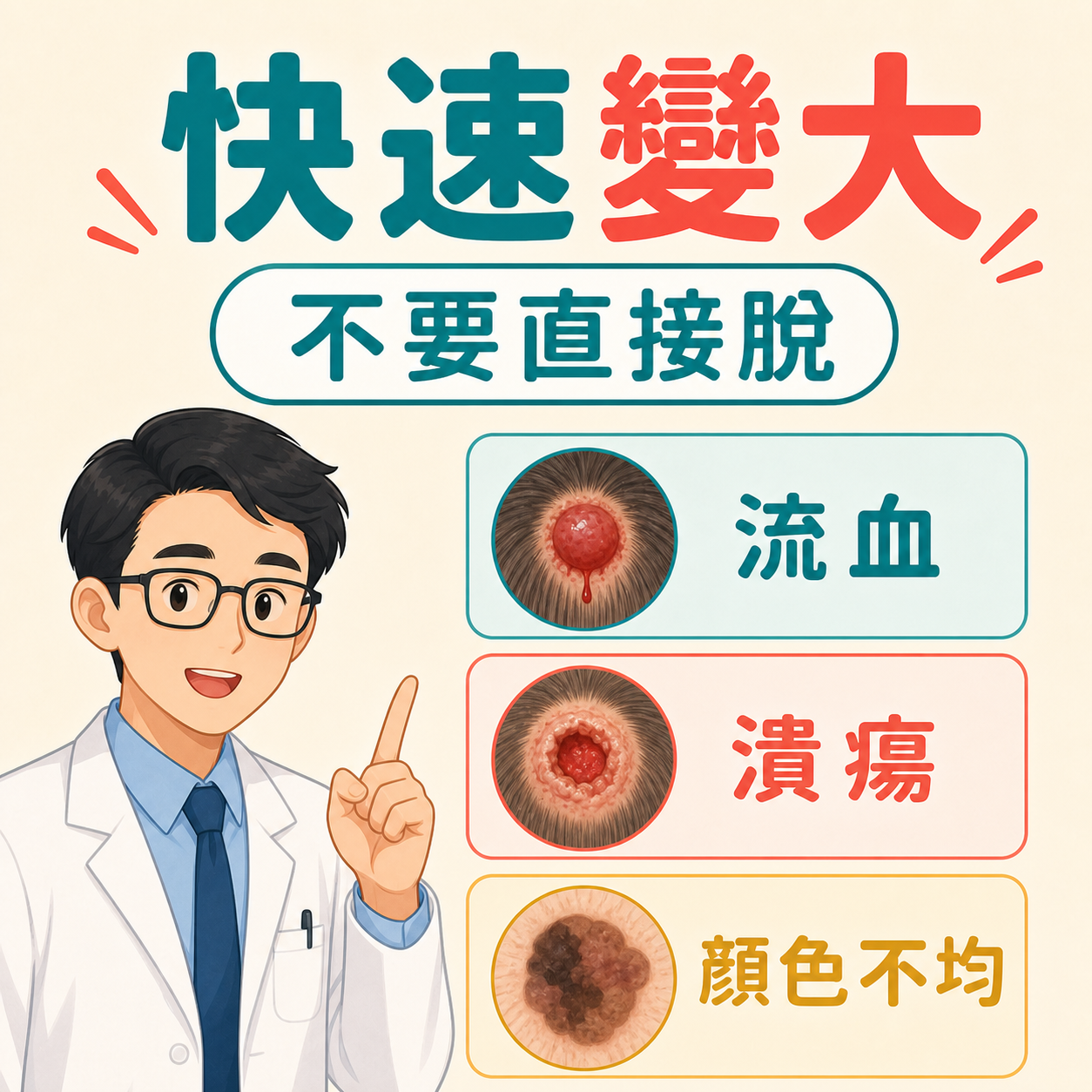 頭皮病灶快速增大流血潰瘍或色素不均時應先求醫