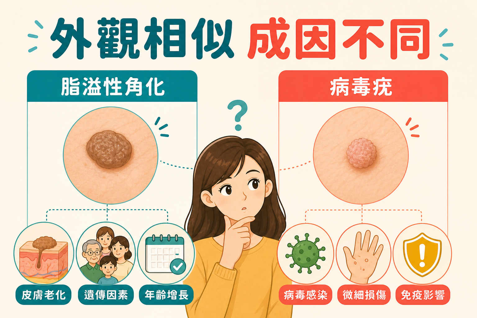 老人疣和病毒疣外觀相似但成因不同的診斷線索