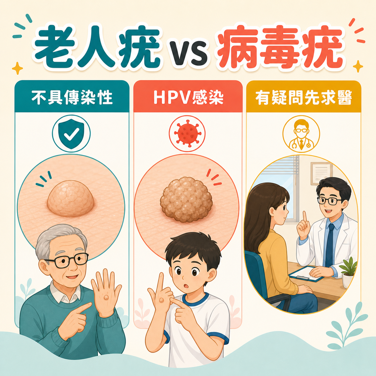 脂溢性角化老人疣與病毒疣的成因傳染性和外觀比較