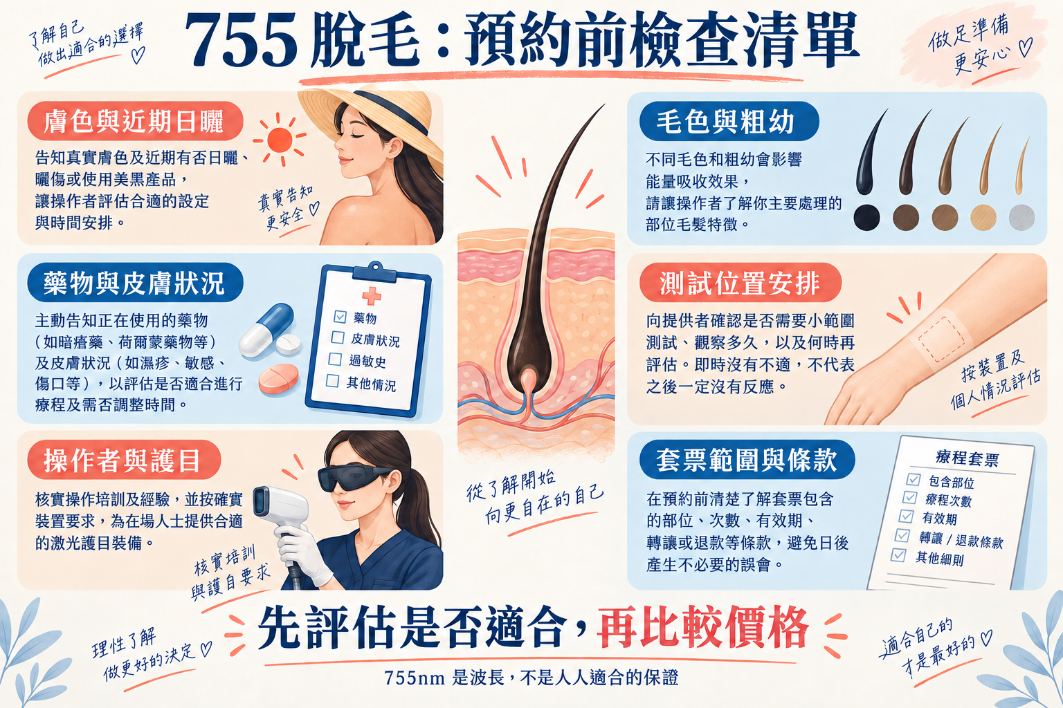 755激光脫毛前需核對膚色日曬、毛髮、用藥、測試、護目及套票條款