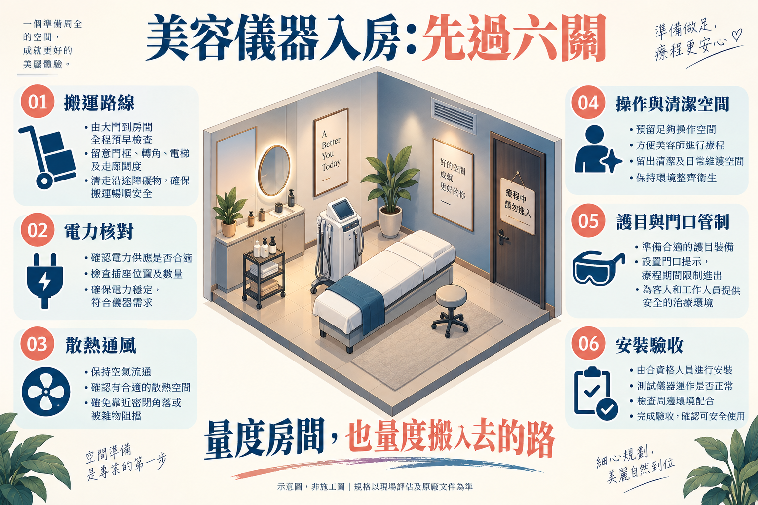 美容儀器入房前的搬運、電力、散熱、空間、護目及驗收六項核對 美容儀器入房前的搬運、電力、散熱、空間、護目及驗收六項核對