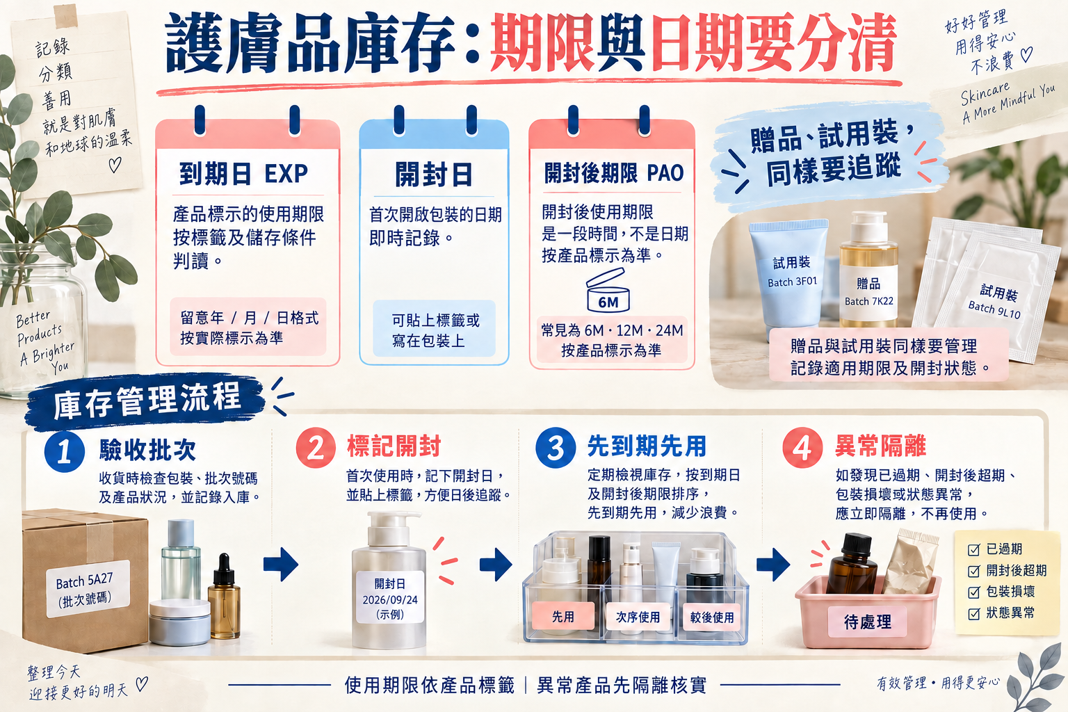 護膚品到期日、開封日、開封後期限與批次流向管理圖 護膚品到期日、開封日、開封後期限與批次流向管理圖