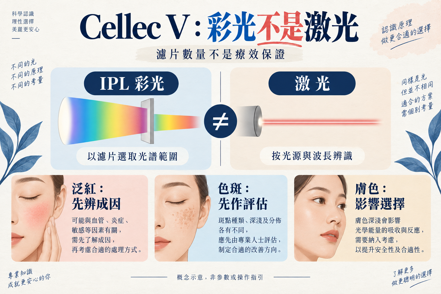 Cellec V彩光與激光的光譜概念，以及泛紅色斑和膚色評估