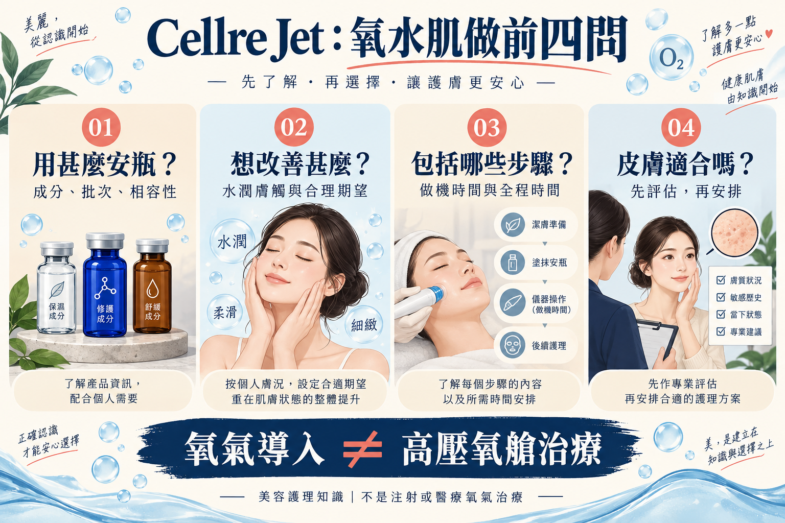Cellre Jet氧水肌療程前的安瓶、目標、服務內容及皮膚評估四問