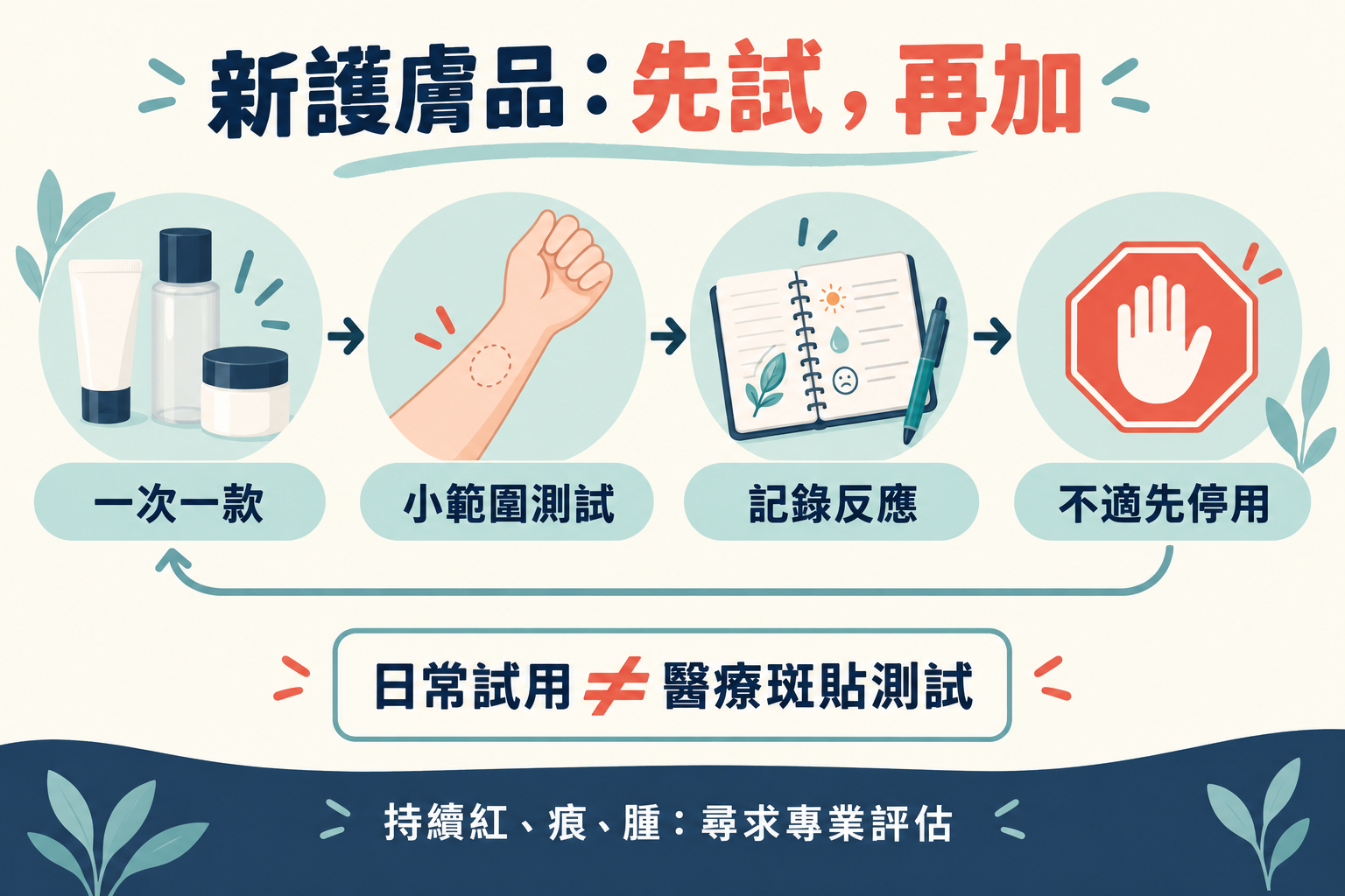 Illustrated one-product trial, small-area observation, reaction record and assessment sequence Illustrated one-product trial, small-area observation, reaction record and assessment sequence