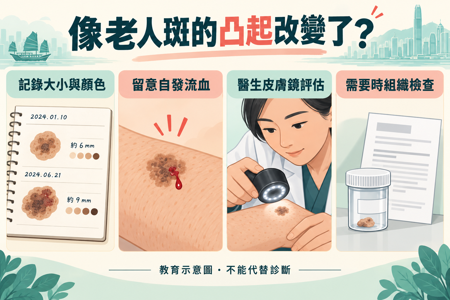 皮膚凸起變化記錄、手持皮膚鏡與組織檢查示意 皮膚凸起變化記錄、手持皮膚鏡與組織檢查示意