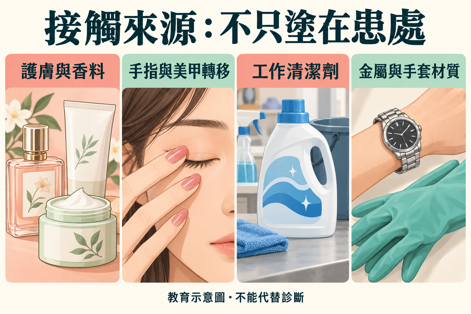 皮膚接觸來源包括護膚品、手指轉移、清潔劑與材質 皮膚接觸來源包括護膚品、手指轉移、清潔劑與材質