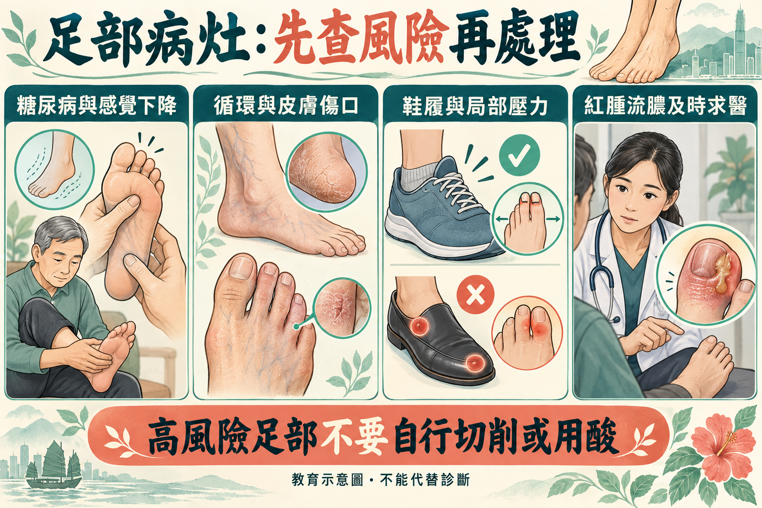 糖尿病、循環、足部傷口與鞋履壓力評估示意 糖尿病、循環、足部傷口與鞋履壓力評估示意