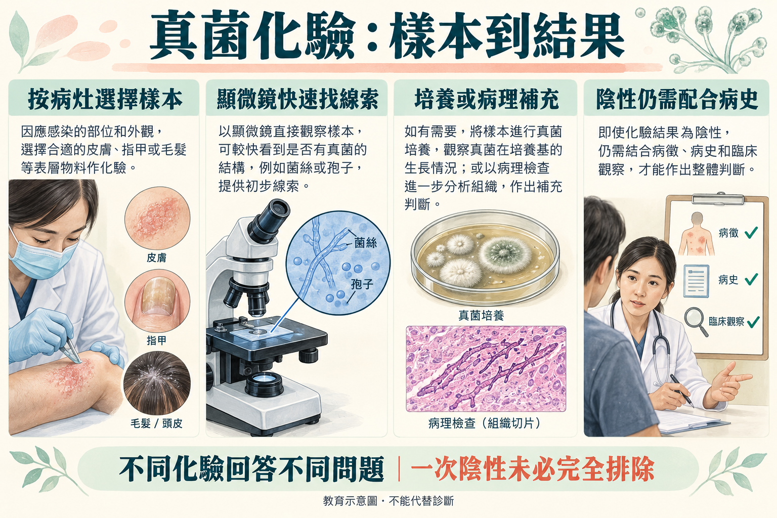 真菌採樣、顯微鏡、培養病理與陰性結果整合示意 真菌採樣、顯微鏡、培養病理與陰性結果整合示意