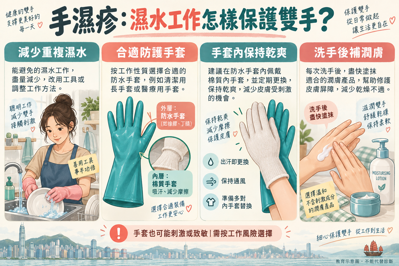 濕水工作、手套潮濕和手部護理的示意 濕水工作、手套潮濕和手部護理的示意