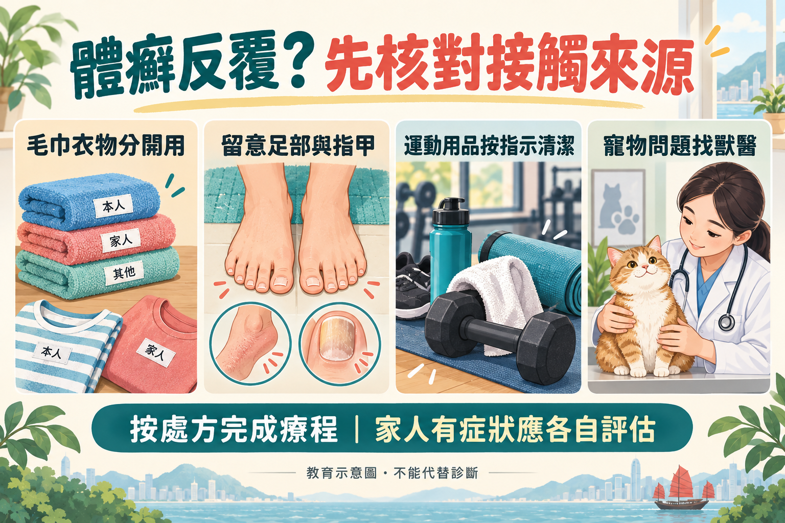 體癬家庭用品、運動接觸和寵物評估的管理示意 體癬家庭用品、運動接觸和寵物評估的管理示意