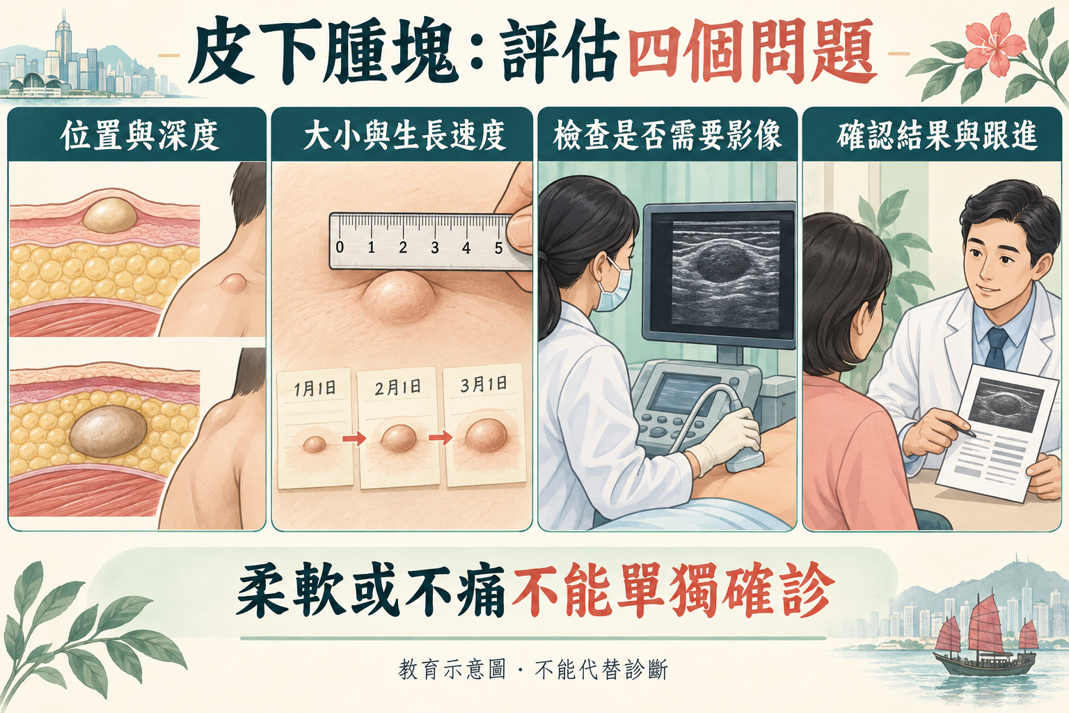 皮下腫塊位置深度、生長、影像和結果跟進示意 皮下腫塊位置深度、生長、影像和結果跟進示意