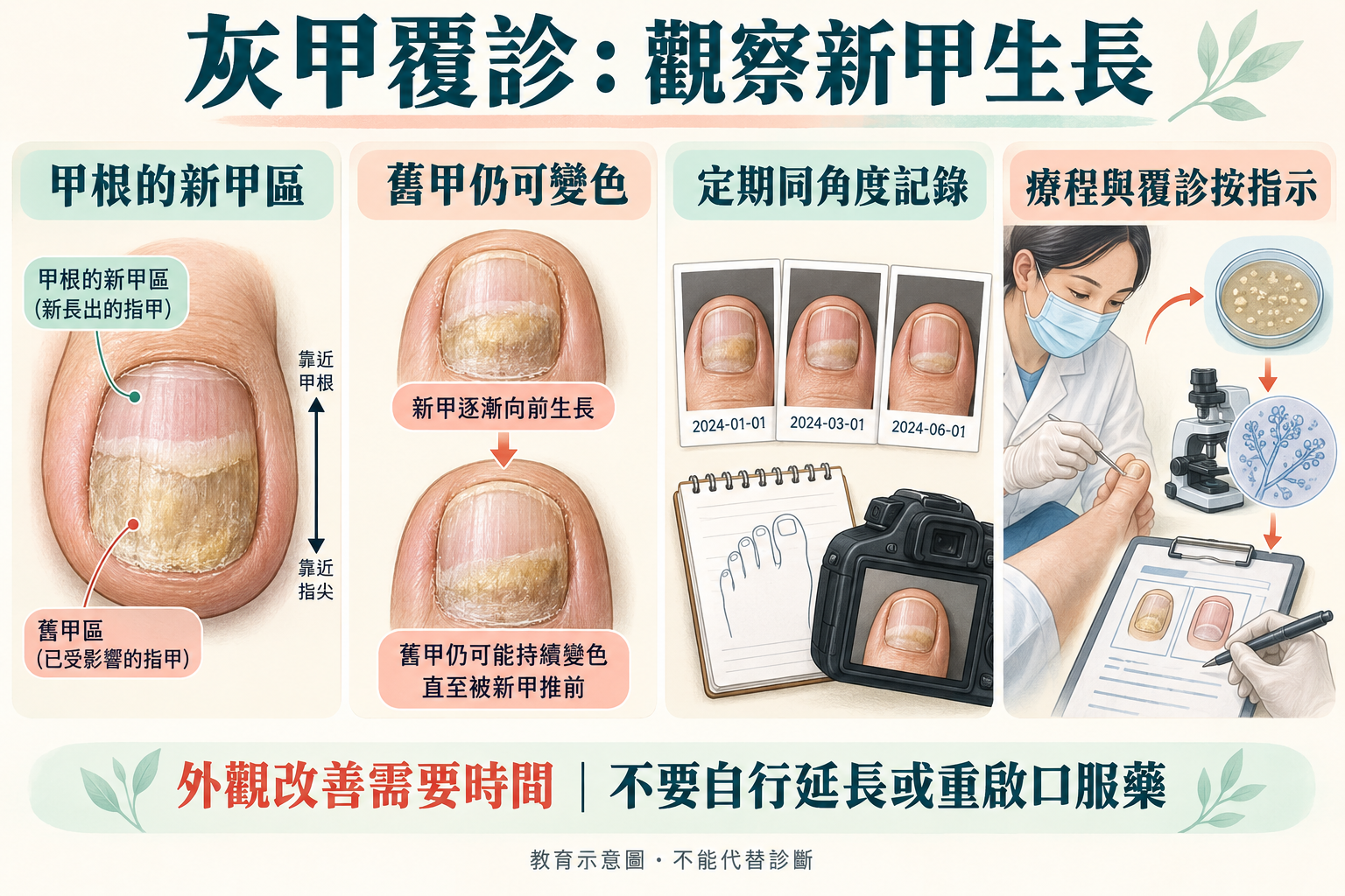 近甲根新甲與遠端舊甲分開觀察的教育示意 近甲根新甲與遠端舊甲分開觀察的教育示意