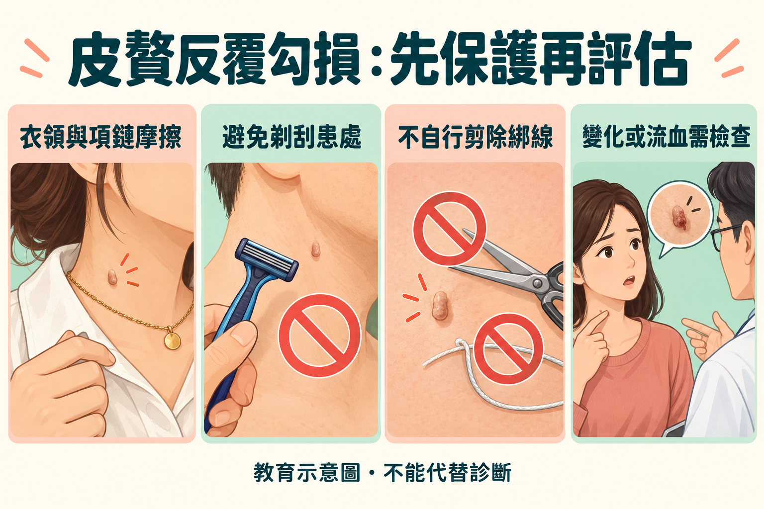 皮贅衣領摩擦、剃刮保護及避免自行剪綁的示意