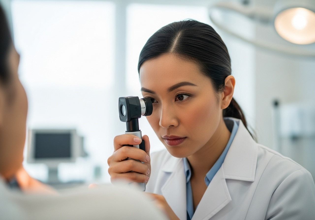 A dermatologist using a dermatoscope to professionally examine a patient's skin in a sterile clinic environment.
