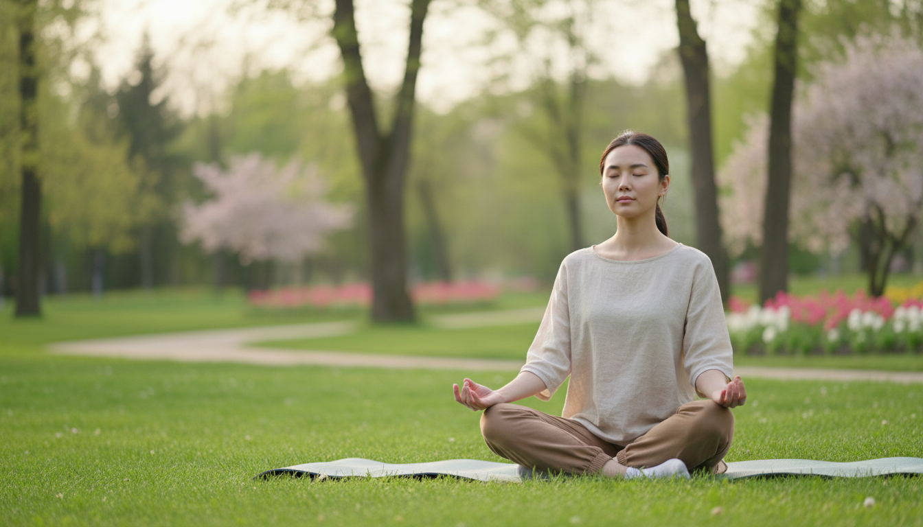 Asian woman practicing meditation outdoors, representing stress management techniques for hyperhidrosis