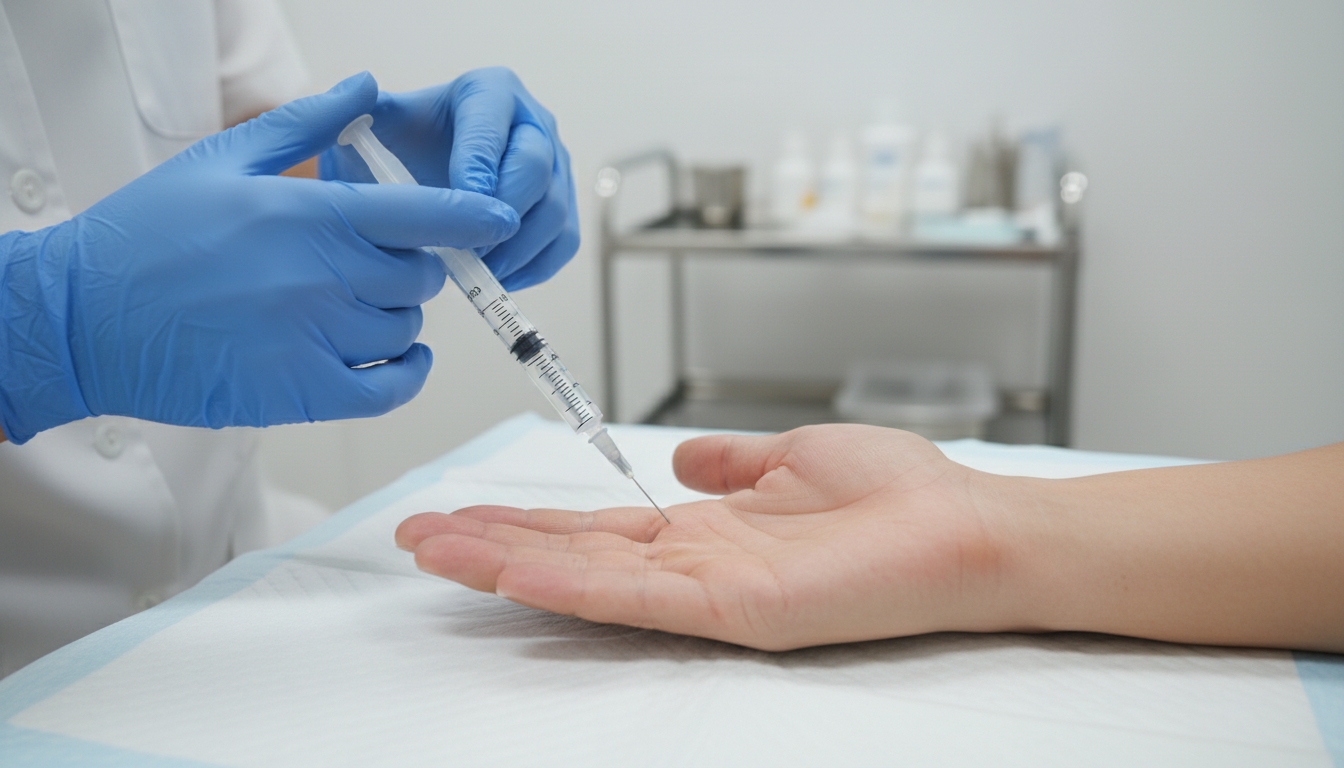 Medical professional administering a Botox injection into a patient's palm for hyperhidrosis treatment