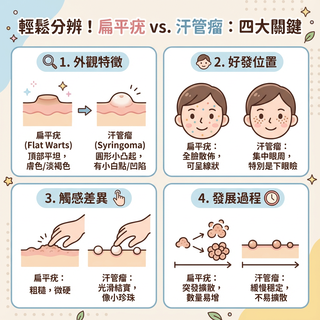 四大關鍵,輕鬆分辨扁平疣與汗管瘤 四大關鍵,輕鬆分辨扁平疣與汗管瘤
