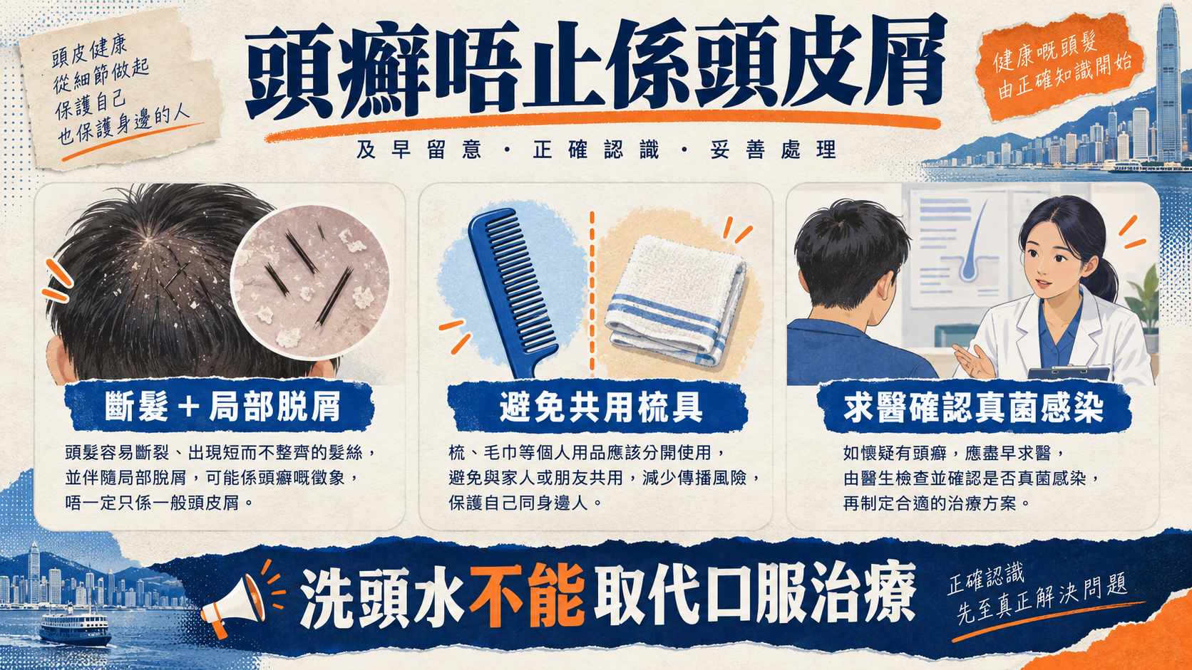頭癬可能有斷髮和局部脫屑，避免共用梳具，並求醫確認感染