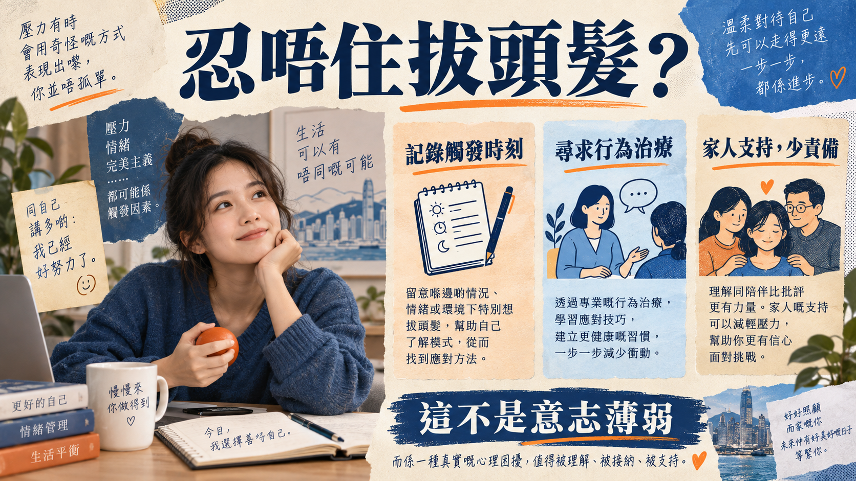 拔毛困擾的支持方向：記錄觸發時刻、尋求行為治療、家人支持少責備