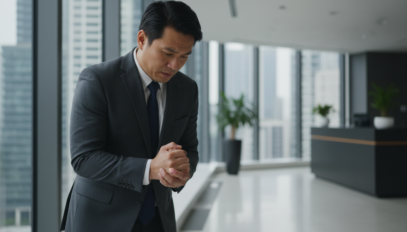 A Asian man feels nervous and rubbing his hand A Asian man feels nervous and rubbing his hand