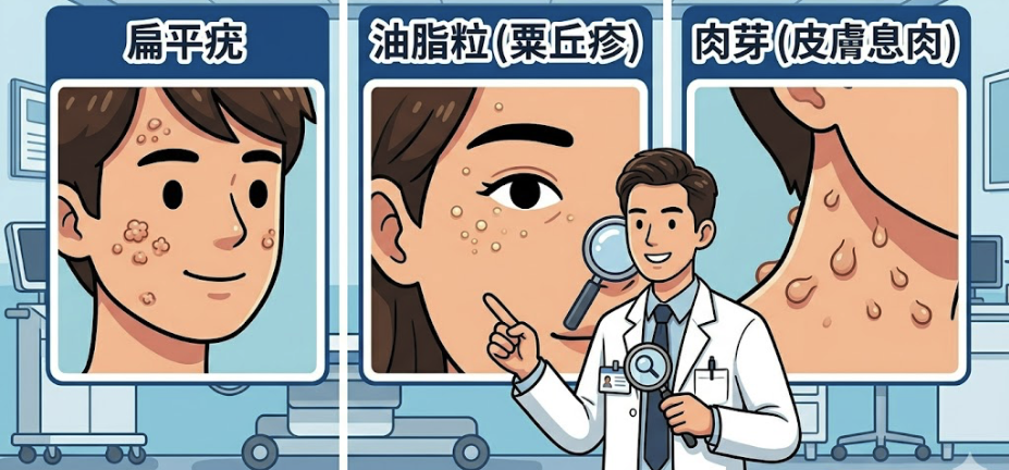 分辨疣 vs 油脂粒 vs 肉芽內文圖。現代卡通風格,一個三格對比圖,中間是一個卡通醫生(戴放大鏡)指著不同皮膚狀況。左格:「扁平疣」,群聚微粗糙膚色顆粒在臉頰和額頭。中格:「油脂粒(粟丘疹)」,單個黃白色小點在眼周。右格:「肉芽(皮膚息肉)」,圓滑懸垂狀物在頸部。標籤清晰,傳統中文文字。顏色乾淨,醫學診所背景。 分辨疣 vs 油脂粒 vs 肉芽內文圖。現代卡通風格,一個三格對比圖,中間是一個卡通醫生(戴放大鏡)指著不同皮膚狀況。左格:「扁平疣」,群聚微粗糙膚色顆粒在臉頰和額頭。中格:「油脂粒(粟丘疹)」,單個黃白色小點在眼周。右格:「肉芽(皮膚息肉)」,圓滑懸垂狀物在頸部。標籤清晰,傳統中文文字。顏色乾淨,醫學診所背景。